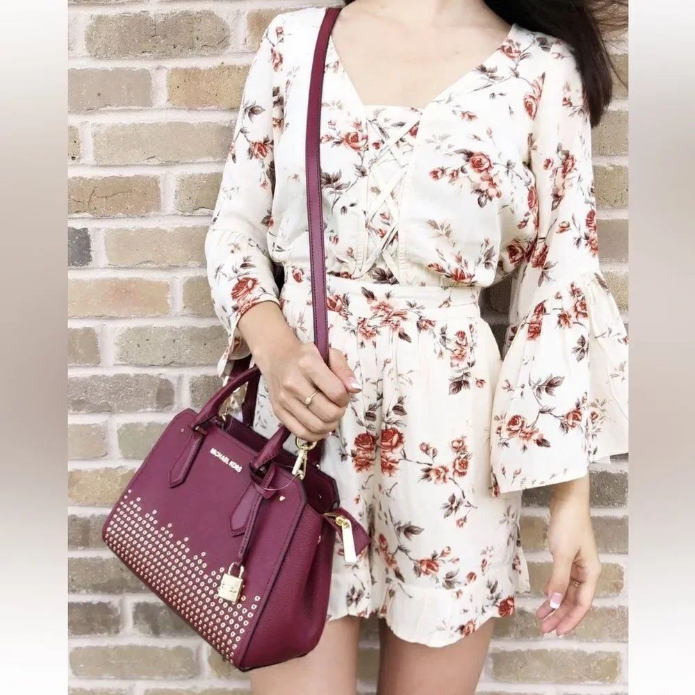 AE M Beige Burgundy Bell Ruffle Sleeve Ruffle Hem Short Corset Style Romper